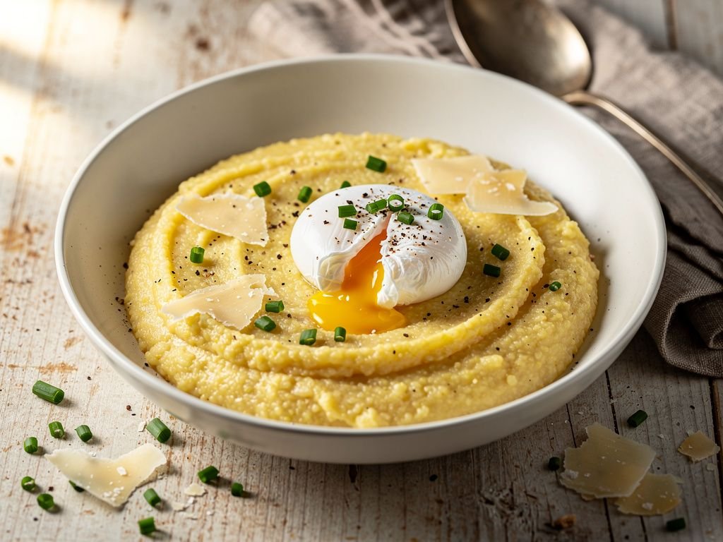 Creamy Breakfast Polenta with Poached Egg and Parmesan
