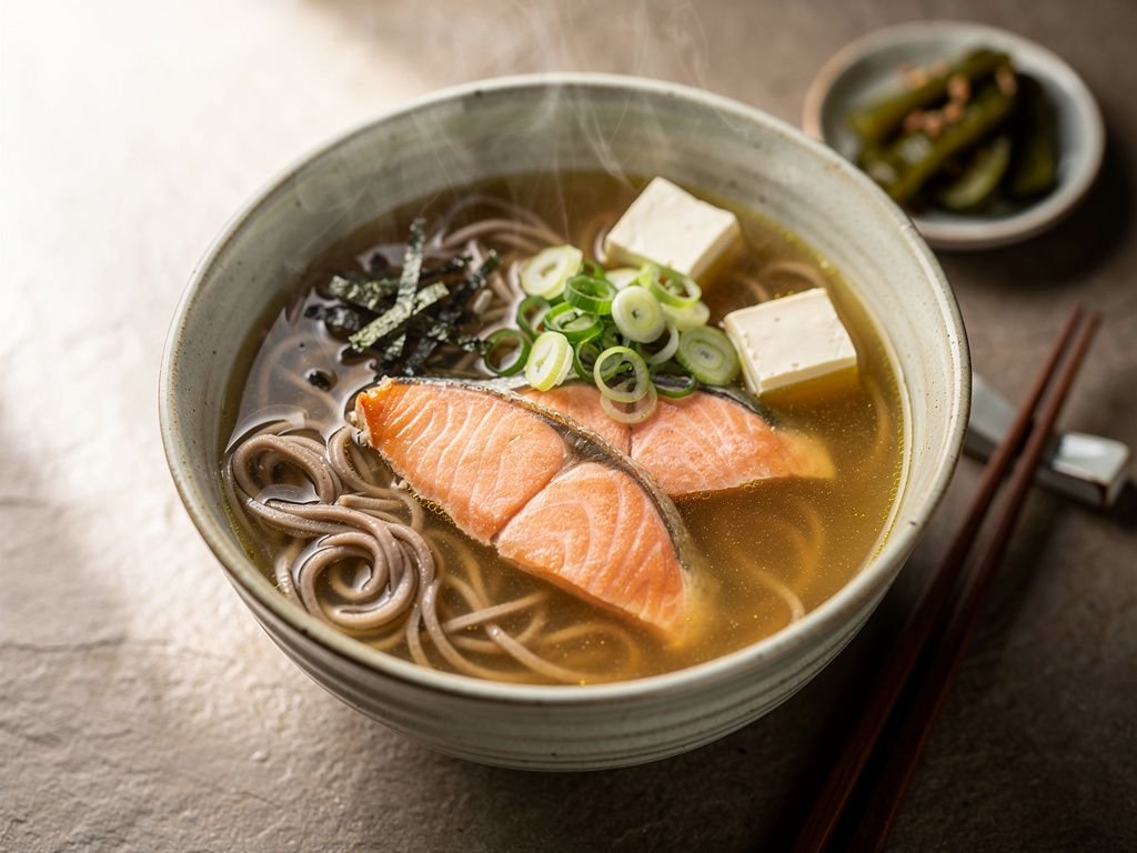 Miso Soup with Salmon and Soba