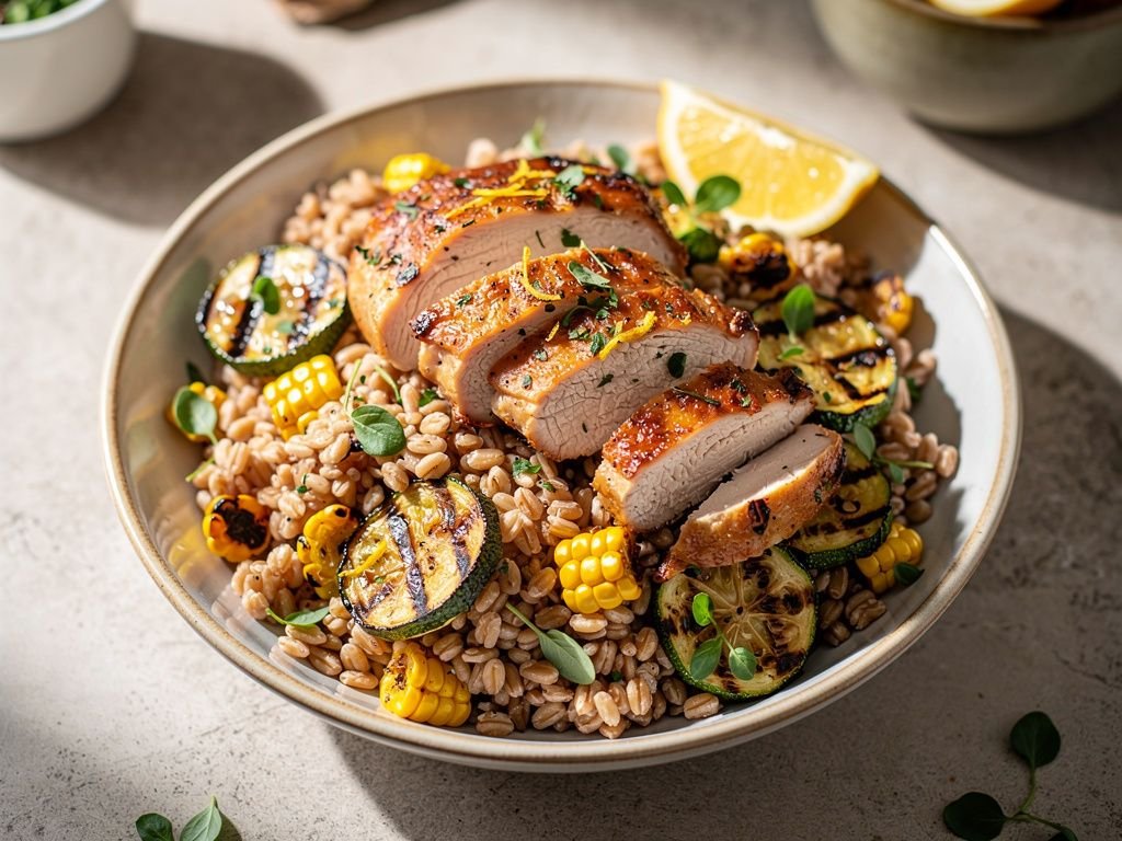 Farro Bowl with Roasted Chicken and Charred Vegetables